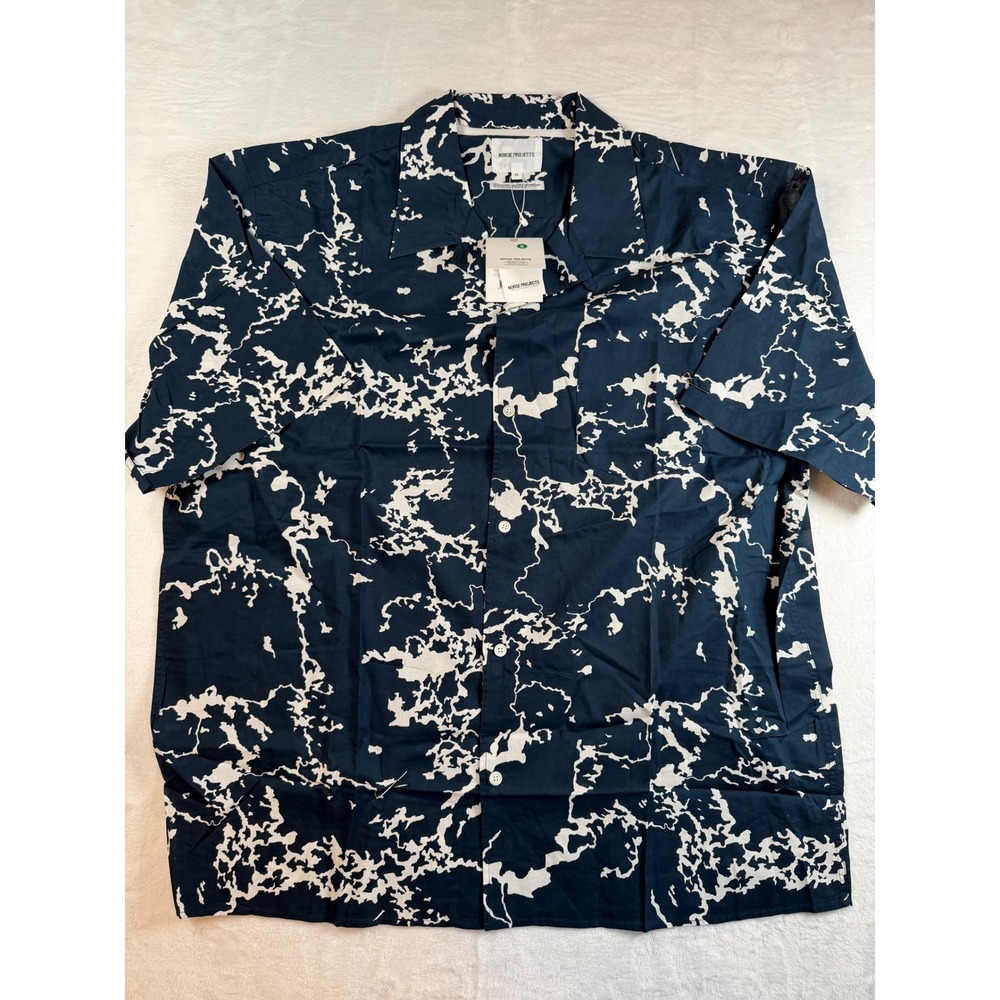 Norse Projects Carsten Print Short Sleeve Shirt Navy White XL N40-0558